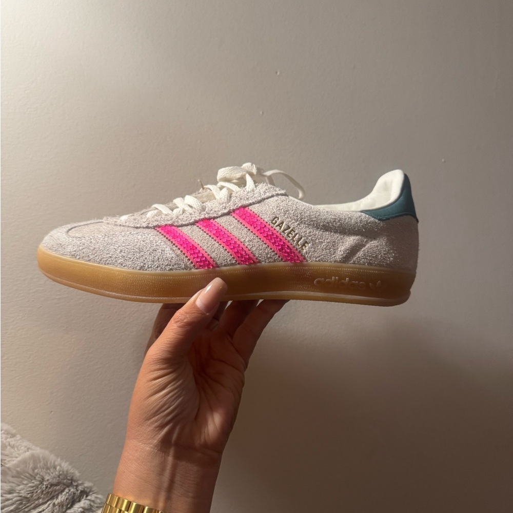 Adidas Gazelle - Off White/ Lucid Pink/Gum w/ Rhinestone Pink Stripes